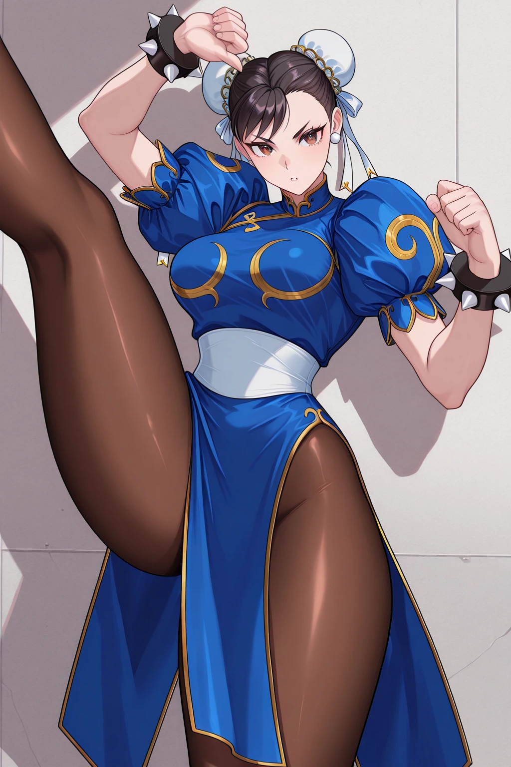 masterpiece, beautiful, 1girl, Chun li, street fighter, boots, bracelet, brown eyes, brown hair, brown pantyhose, bun cover, blue china dress, chinese clothes. cross-laced footwear, double bun, dress, fighting stance, full body, hair bun, jewelry, pantyhose, pelvic curtain, sash, short hair, solo, spiked bracelet, spikes, blue dress, dojo background