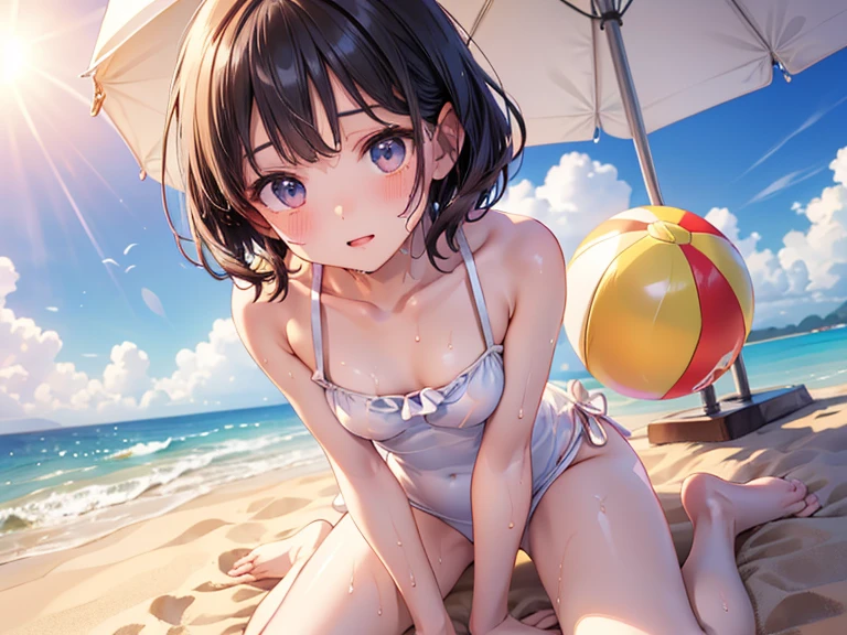 (((masterpiece, Highest quality, High resolution, 超High resolution, Perfect Pixel, Depth of written boundary, 4K, RTTX 10.0))), Beautiful Anime Women, Beautiful art style, Anime characters, ((Smooth texture, Realistic texture, Anime CG Style)), Exact finger count、Exact number of legs、(Exact number of arms:1.0, Exact number of hands:1.0), (Perfect hands, Perfect Anatomy.1.5), Cinematic, Realistic, Extremely detailed CG, Daytime lighting, Perfect lighting, Best Shadow, The best natural light, Perfectly balanced style, Perfect body, (Slender body:1), whole body, ((bangs, Dark brown hair, Bobcut)), ((One woman is kneeling and licking a popsicle in her hand.:1.4)), ((Beautiful eyelashes)), ((Detailed face:1.2)), (Fashionable white shirt, Sailor collar, Knee-high socks:1.3), (セクシーでcute水色パンティ, Shiny satin side-tie light blue panties, Light blue panties with a plain center and lace decoration on the sides, Light blue panties with lace trim around the edges, Ultra-detailed panty folds:1.3), (Open your mouth wide, drool dripping from the tongue:1.5), ((close your eyes:1)), ((cute, Sighing expression)), (Embarrassed expression:1.3), (blush:1.1), (Sexual pleasure facial expressions:1.4), (Facial expressions that put up with the toilet:1.2), Patience is the limit, On the brink of climax, (Beach, Resort:1.3), Angle from the front
