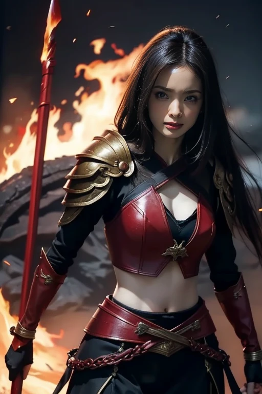 8k,(Samurai)、Devil Mask、Super Beauty(Like the real thing)、Red Armor Solo Adult Devil Woman、Muscular macho body type,Super Muscular Beauty,Bodybuilding,(Equipped with a long and large spear)、Mature Woman Big Woman Devil。Sturdy jaw(Like the real thing),Stand facing forward,Demon Armor,A wonderful work of art,((Kyoto Panel Style))、Wind effects:1.9、Cloud effect:1.2、Full Rendering,Devil makeup,masterpiece,Photorealistic RAW photos of the highest quality。Bright colors,Rich colors, Backlight, Cinema Lighting, Film Grain, 50mm lens, Nikon D850,Ultra-Realistic Skin,Fantasy art,Character Art,Ultra-high resolution,Realistic scale skins,Perfect hand shape,View your viewers,View your viewers,Top-down view,close,Uplifting,Dynamic fighting pose,
