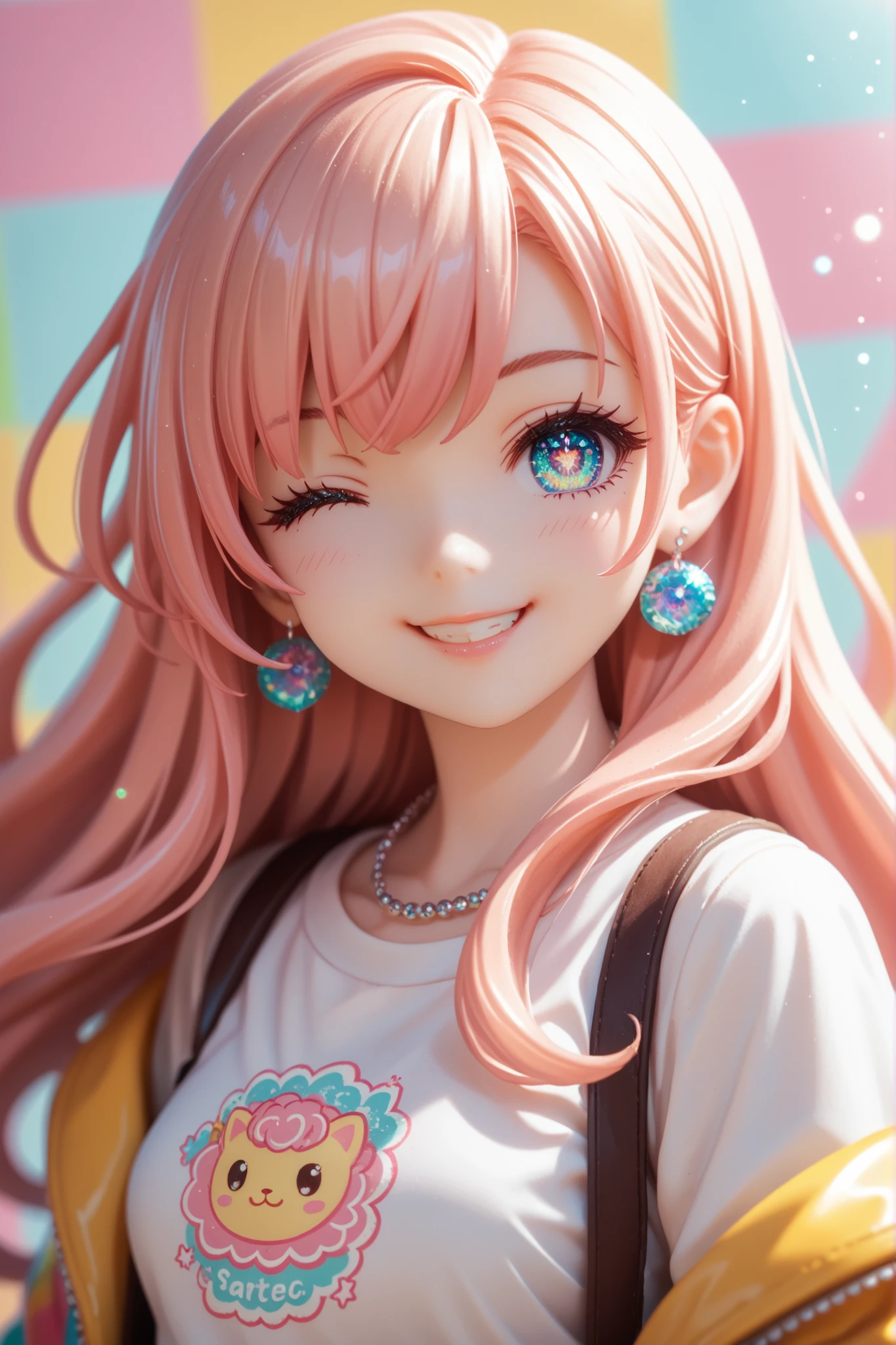 (beautiful girl: 1.3), 1girl, masterpiece, Highest quality, Ultra-high resolution, rich contrast, super high quality, 8k, A cute anime girl with long hair, smiling and winking, big sparkling eyes, colorful background, soft lighting, pastel colors, vibrant and cheerful mood, upper body portrait, anime style