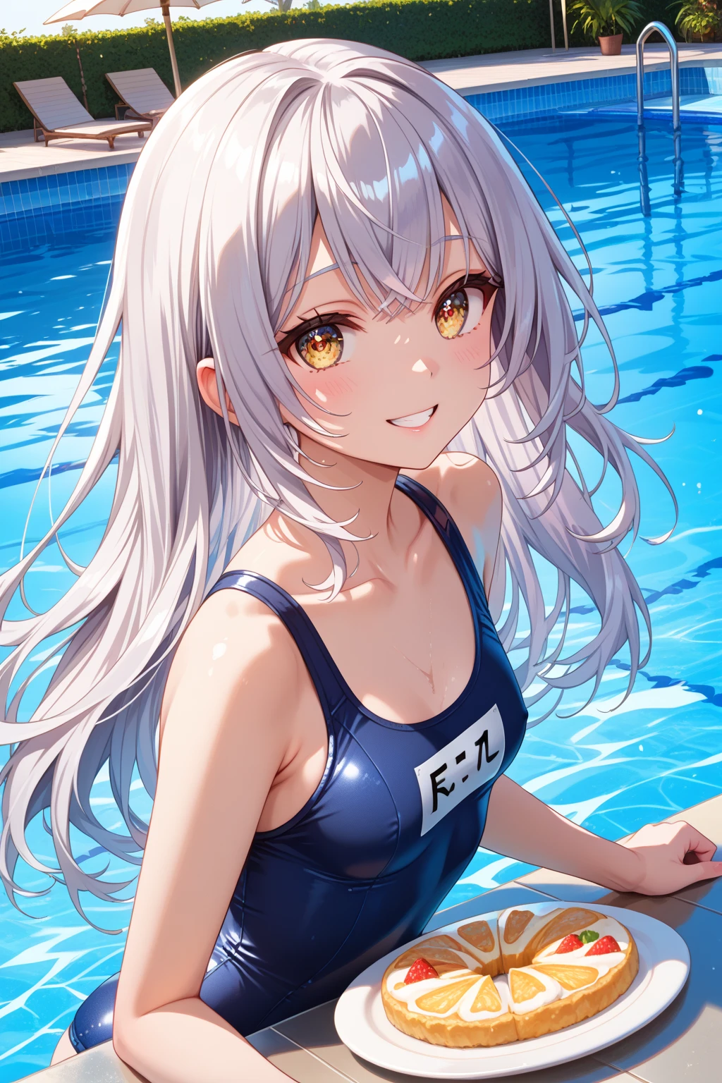 index, index, (Green Eyes:1.5), Silver Hair, Long Hair, (Flat Chest:1.2),School Swimsuit(white),barefoot,Wet Skin,Wet swimsuit,happy smile, smile, Open your mouth,
break looking at viewer, Upper Body, whole body,
break indoors, Public swimming pool,
break (masterpiece:1.2), highest quality, High resolution, unity 8k wallpaper, (figure:0.8), (Beautiful fine details:1.6), Highly detailed face, Perfect lighting, Highly detailed CG, (Perfect hands, Perfect Anatomy),