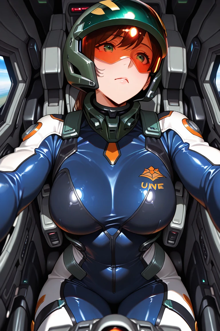 Very detailed、highest quality、Best image quality、masterpiece、8k、Anime Face、A kind smile、(lppl2:1.3)、Orange Hair、Pilot Suit、Big Breasts、Cowboy Shot、Side view