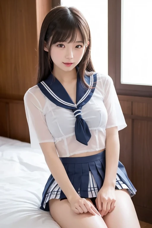 Browsing Caution, 16k raw photos, highest quality, masterpiece, Ultra-high resolution, movie grain, ((She is wearing (High school sailor uniform).
(Navy sailor collar:1.4),(white shirt:1.4),(Navy Pleated Skirt:1.4),(Navy Bow:1.4))).movie, 1 girl, Looking at the audience, Natural skin texture、Very heavy chest))),Realistic eye and facial details, Fuller lips, Lipstick Makeup), Red eyeshadow, Fluffy ponytail, Messy Hair, A sloppy smile, Beautiful feet, Tall Woman, skinny, slim_feet, alone, Huge breasts, Cleavage, Butt, shirt,, Around the flower position, (Detailed Background,skimpy white shirt, Huge breasts, Cleavage, Blurred Background, Plaid,, ((JK with a silver ribbon around her neck))),Big JK ribbon, Brown Hair, bracelet, water, bangs, jewelry, Lips parted,, Depth of written border、Armpit pussy、Beautiful sea、water color striped pattern、Beautiful sandy beach、、((feetを大きく広げて:1.45))、((Sexual pose:1.5))、((The breasts are half-exposed:1.2))、