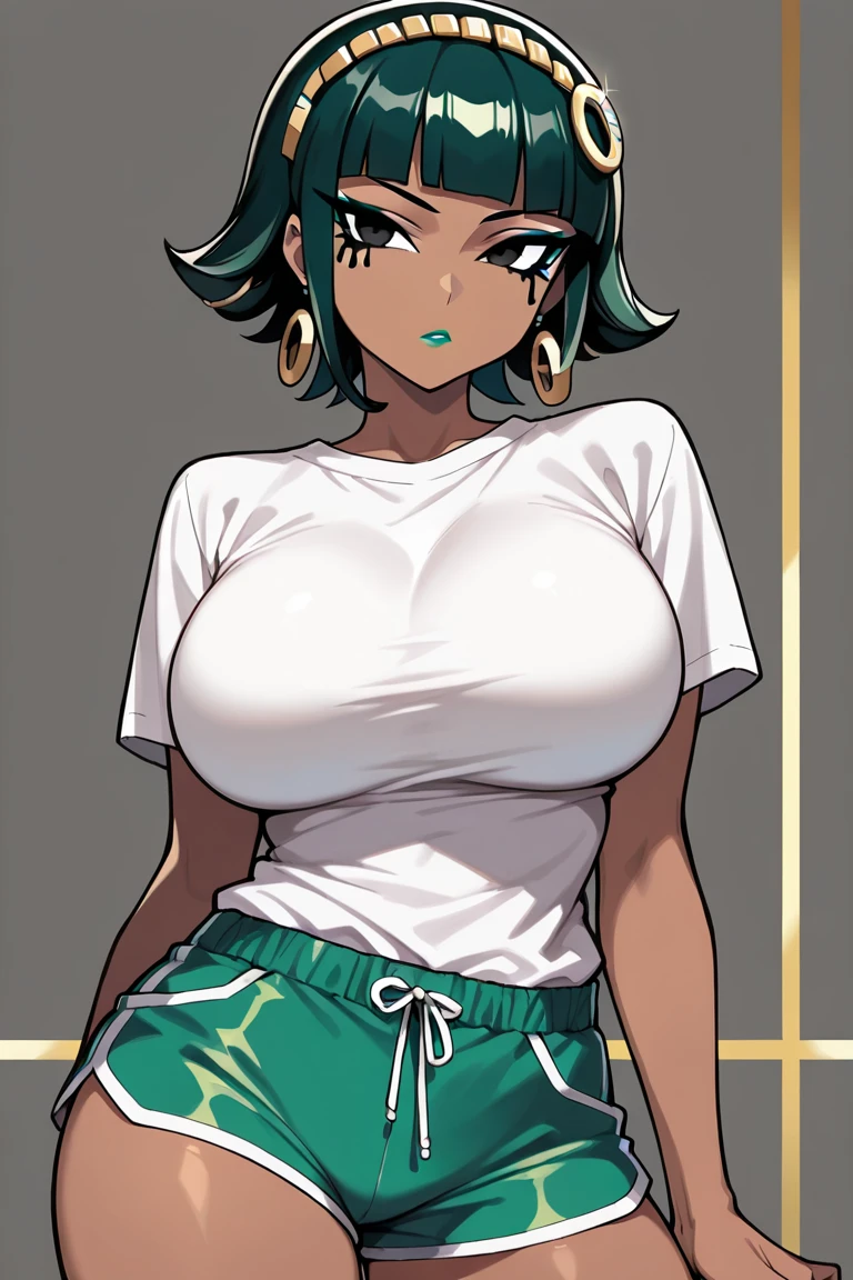 ((best quality)), ((8k)), beautiful woman, ((african skin)), green hair, long hair, black calvin klein underwear, ((bedroom)), green lipstick, black choker, green eyes, evil smile, portrait, chubby, bbl, nsfw