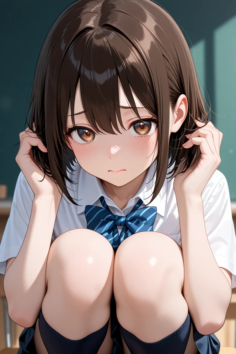 pieces fly、masterpiece、highest quality、Super detailed、High resolution、High resolution、8K portrait、Unity 8k壁紙のHigh resolutionCG、unity 8k wallpaper、cute type little:1.5、:1.5、Highly detailed CG unity 8k wallpaper、realistic、real person、cute type little、 portrait photography、shiny skin、High resolution、(16 years old:1.2)、(1 girl)、beautiful clear eyes、very detailed explanation、delicate face、nice lips、slender body、Big breasts and a narrow waist、thin legs、(classroom:1.6)、1 girl, cute type, perfect face, seriously, (blush:1.5),(light brown bob hair:1.5),((there are many people nearby:1.4))、(small breasts:1.5)、(Niform:1.2))((clothing lift:1.5))), (((I have nipples), Detailed description vagina,膣を表示spread legs:1.2),spread (Orgasm in the vagina:1.5)