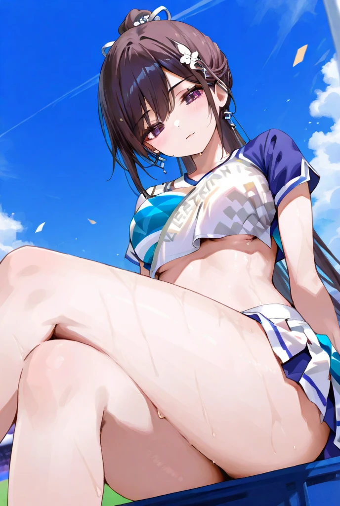 highest quality, masterpiece, detailed, nsfw, 1 girl, (((vagina))),((flat breast)), sitting, 1 leg up high, bottomless, topless, choker, anklet, nipples, anklet, JK, ass, (((small breast))), from below, toe, bare foot, school, garter, (Soles in front), ((spread legs)), pussy juice, 16 years old, No pantie, o-face, ponytail hair, mini skirt. bracelet, rope,