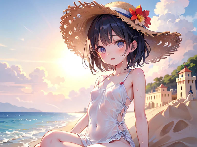 ((Masterpiece)), ((Best quality)), (perfect face), Young, nubile girl, obedient expression, wearing off shoulder 1 piece swimsuit, wearing open back 1 piece swimsuit, wearing ruffle 1 piece swimsuit,  wearing red and white swimsuit, wearing collar and leash, leashed to a palm tree, kneeling at a man's feet, on a beach