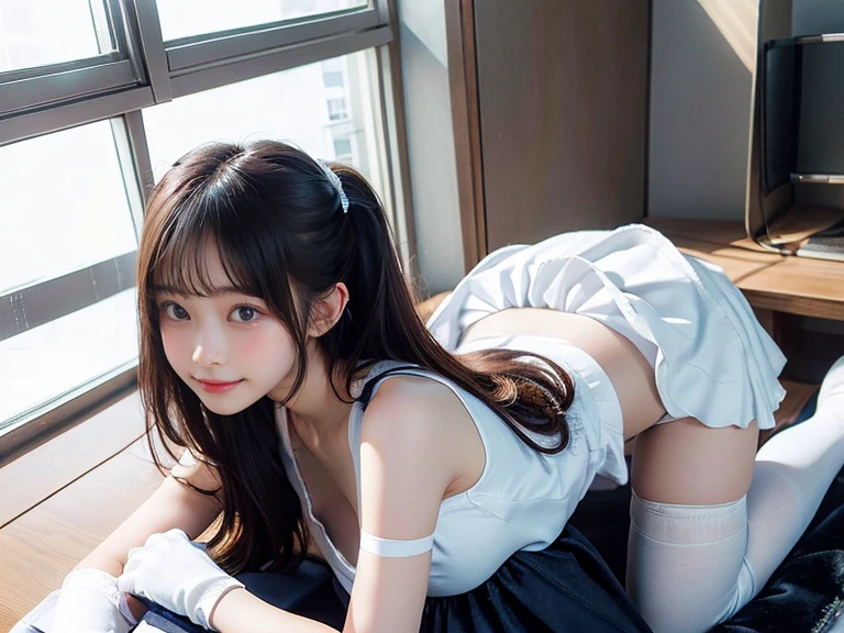 (NSFW:1.5), masterpiece, Best Quality, Photorealsitic, finely detail, hight resolution, 8K Wallpapers, Perfect dynamic composition, FULL BODYSHOT、Beautiful detailed eyes, large full breasts,、((very pale skin tone)), (very long hair:1.5), A smile, flying hair, wavy hair, (beautiful smile), on bed、18-years old、(Drooping eyes 1.3)、brightly lit room, young Adult beauty、natural make up、Japanese、Black eyes, (wear sailor school uniform tucked up, no underwear), (big beautiful shape breasts), (skirt tucked up), (no underwear :1.2), ( hentai :1.5) , perfect breast, (sailor moon theme), (collar), ( detailed pussy:1.5) , (detailed hole:1.5), (liquid coming out of pussy:1.5), (legs spread:1), (healthy looking pussy with no dark parts :1.5), (seminude:1.5), beautiful buttock, looking back:1.5, bedroom, (no underwear:1.5), (lips apart:1.5), (have something inserted intovagina :1.5), (perfect face like a super cute idol:1.5), (white liquid coming out of pussy:1.5), white liquid on body, (super bright smile:1.5),, black hair, twin tail hair, (dark room: 1.5), (professional lighting), (two girls:1.5), (perfect anatomy:1.5)
