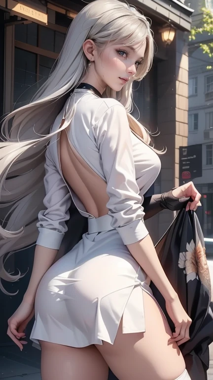 (best quality:1.5, highres, UHD, 4K, detailed lighting, shaders), white wavy haired, gradient hair, large breasts, suit, gray shirt, social shirt, social long pants, mature woman , (pov), white background, colorful eyeshadow, dramatic lighting, sparkling eyes, sensual expression, golden earrings, flowing hair, delicate facial features, soft skin, high cheekbones, urban setting, white background, dont look for the camera, view from behind