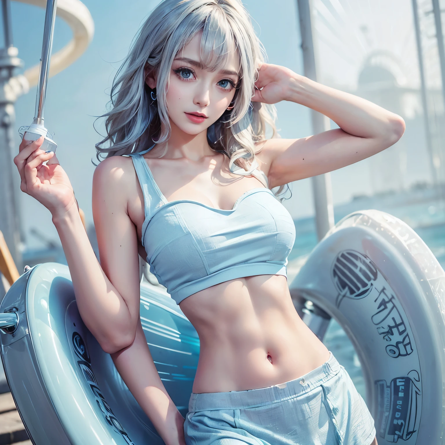High school girls,Silver Hair,Swimsuit,Lying on your back,Light blue eyes,bath,Drooping eyes,Hollow Eyes,Big Breasts,Blushing, Open your mouth, Very long hair, Open your mouth, Earrings, teeth, Reality,Spread your legs