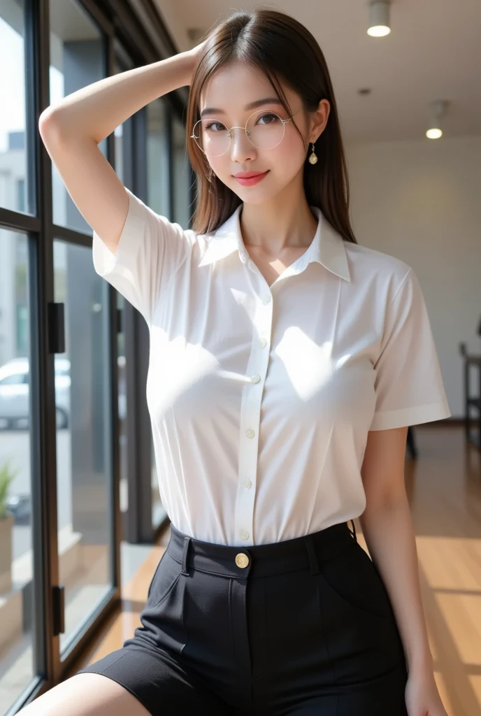 Highest quality、Ultra-high resolution、RAW shooting、Professional Lighting、Detailed Background、coastal、Full Body、Makima、25-year-old female、(High tone cherry pink hair)+(Long Hair)+(bangs)、(Yellow Eyes)、White see-through shirt,(Black trousers:1.5)、Huge breasts that look like they might burst、Modest abdominal muscles、Big Ass、Big thighs、A sloppy smile、Close your mouth、(Sweaty skin)、