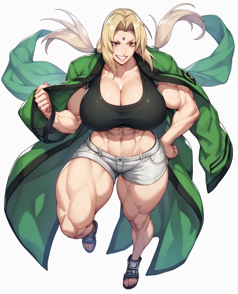 anime waifu bodybuilder, beautiful face, green eyes, scar on left eye and nose, perfect body, fit body, looking at the viewer, posing with strong arms, sawed fist, closed fist, abdomen, large breasts, muscular, ((hair) long and blonde), sarashi white chest, sarashi, underboob, breasts bandages, arm bandages (insanely detailed, beautiful detailed face, masterpiece, best quality),  (looking disgusted), konosuba, character A2, (white and torn bandages on the arms and legs), image taken from below, focus on the legs, high quality, white light clothing, punches in the air, sweat splattering