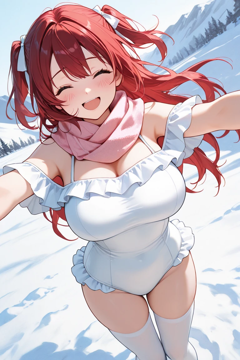 todoshizuko, purple hair, ponytail, hair ribbon, long hair, blue eyes, makeup, 15years old,  empty eyes, large breasts, nipple, Running, Heavy snowfall area, frozen, wet, crying, mountain, Alone, crying, Naked, solo, 1girl, Peeing, lactation, projectile lactation