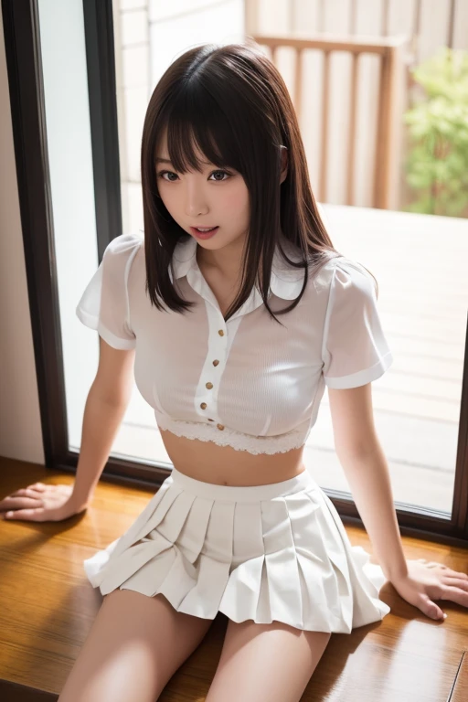 restaurant　black maid outfit　black skirt　japanese woman　white knee socks　M-shaped spread legs　I can see white panties　((Topless))　I can see the nipples　female genitals are transparent　(Squat down and spread your legs apart)　black high heels　white apron