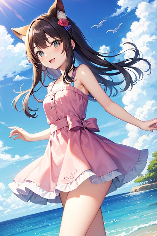 masterpiece, 最high quality:1.2, beautiful）、（One Girl 0.3)、Ocean、hibiscus、cute、smile、(Brown hair twin tails)、(Purple Eyes)、Blue ribbon、Lace Swimsuit、break、16k、Digital、high quality、Highest quality、(Perfect Face、Perfect body、Perfect limbs),Perfect Fingers,Perfect Proportion,Masterpiece