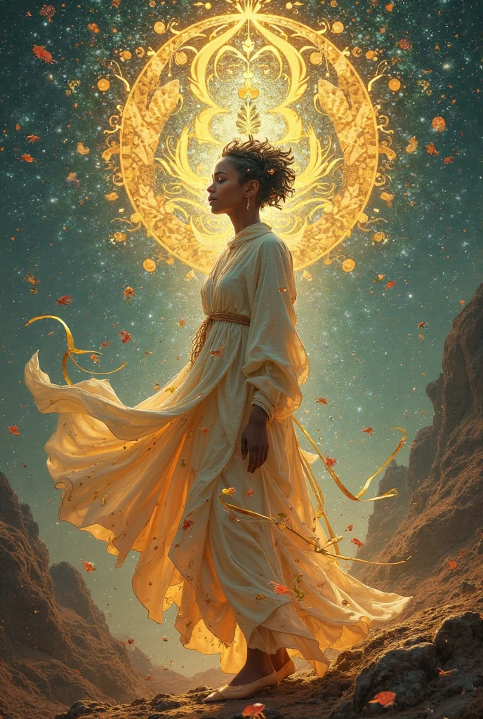 Create an image of an African goddess dressed in white, along with a white snake and a rainbow 