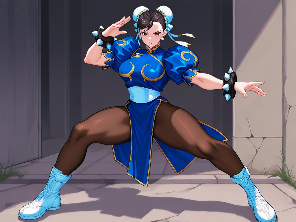 masterpiece, beautiful, 1girl, Chun li, street fighter, boots, bracelet, brown eyes, brown hair, brown pantyhose, bun cover, blue china dress, cross-laced footwear, double bun, fighting stance, full body, pelvic curtain, sash, short hair, solo, spiked bracelet, blue dress, japanese temple background  <lora:WakfuStyle:1>