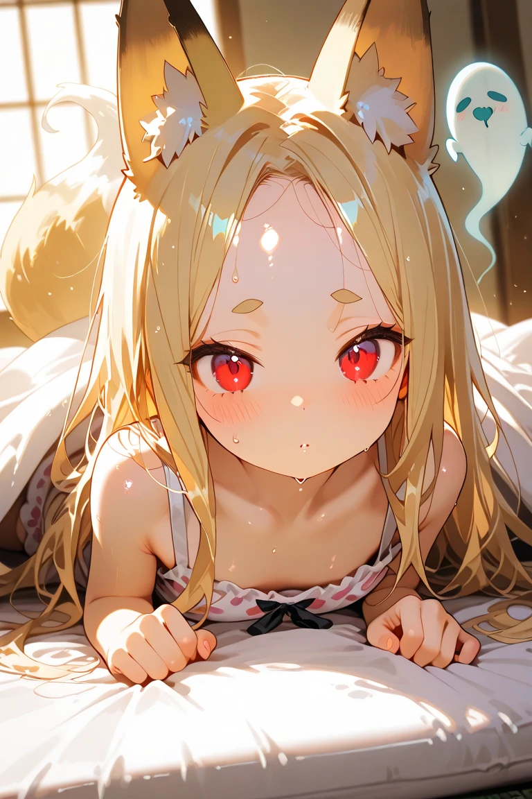 One girl、A little sexy、Blonde、Red sparkling eyes、detailed cute eyes,(glowing eyes:1.4),open mouth,((Droopy eyes))、Mole on left cheek Medium Curl Hair、Dog ears、Lying down、Golden Room、pearls choker,sensual pose,