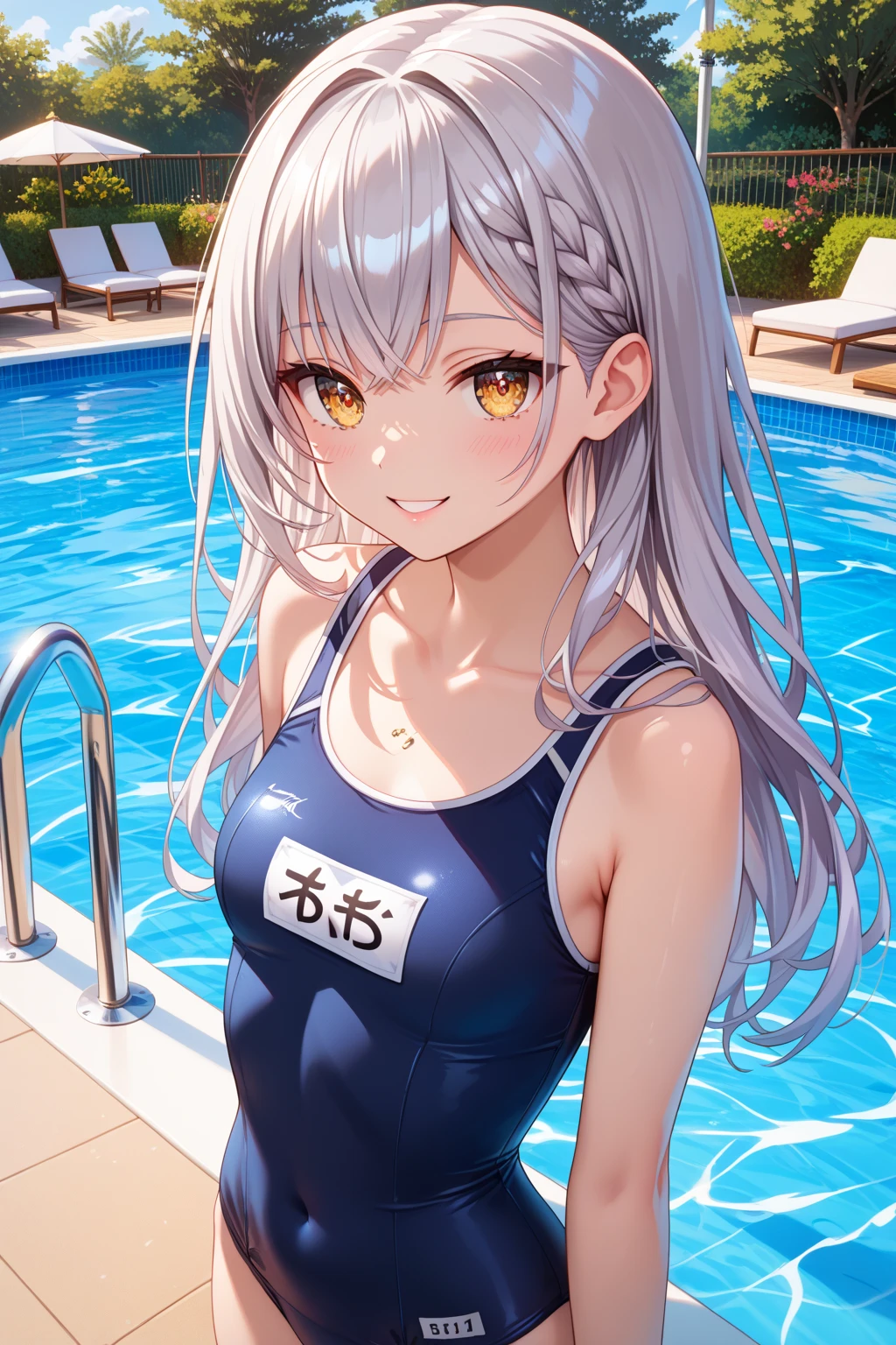 score_9, score_8_up, score_7_up, source_anime, masterpiece, absurdres, medium breasts, mature woman ,perfect face, 1girl, cute expression, smiling, looking at viewer, standing, arched back, pool, alisamikhailovna, alisamikhailovna kujou, long hair, bangs, blue eyes, ahoge, gray hair, red ribbon, blue school swimsuit