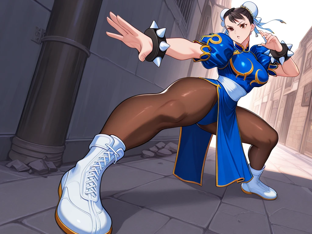 A chubby girl with glasses and black hair and freckles dressed as Chun-Li wearing white boots in her room, crying and screaming while sticking out her butt
