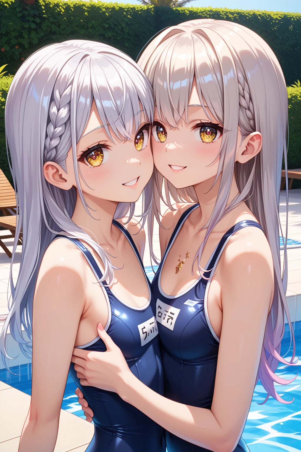 2girls,lineup,duo,top less,upper body,pov,face,light White hair,breasts,lblue eyes,(one-piece:1.2),(Covered nipples:1.3),medium breasts,Impossible swimsuit,tight skin,shiny skin,masterpiece, best quality, very aesthetic, absurdres,front view,looking at viewer,pool,poolside