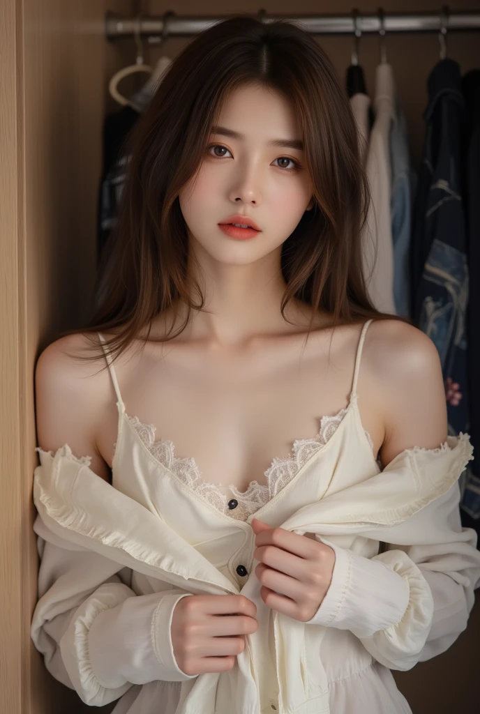best qualtiy, tmasterpiece, 超A high resolution, (fidelity: 1.4), RAW photogr, 1girll, Goose egg face, largeeyes,, see through shirts,transparent panty, long eyelasher, Paint Light Makeup, cropped shoulders, The shirt, cinmatic lighting, Summer evening, heat, sweat leggs,Spread your legs apart