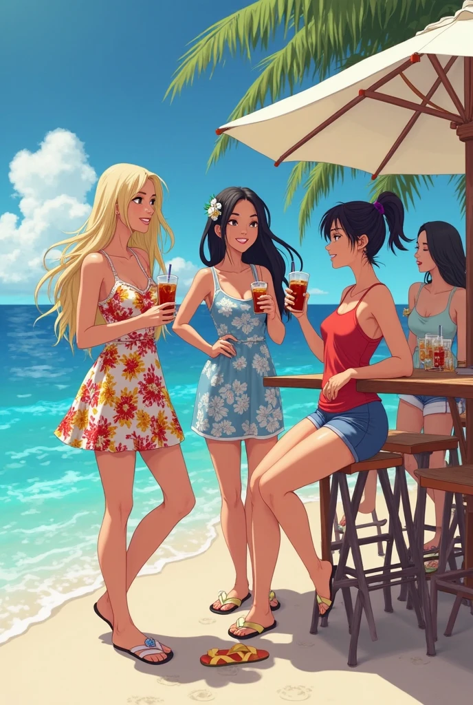 Five beautiful women wearing swim wears are sitting on chairs by the seaside, enjoying a beach party. On the table are delicious-looking food, bottles of beer, colorful cocktails, and sparkling wine. beautiful sky, daylight