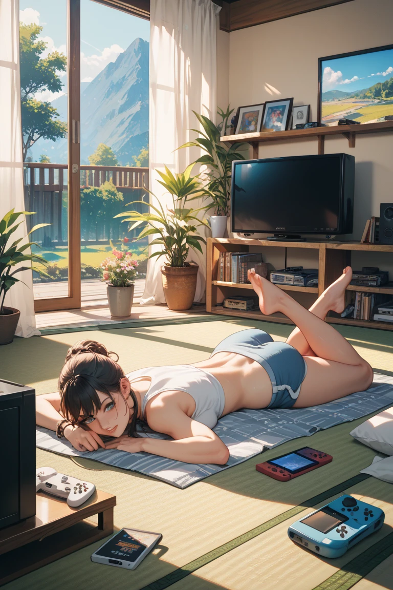 Create an image of a woman lying in a room on the floor,They put their feet on the bed and listen to music