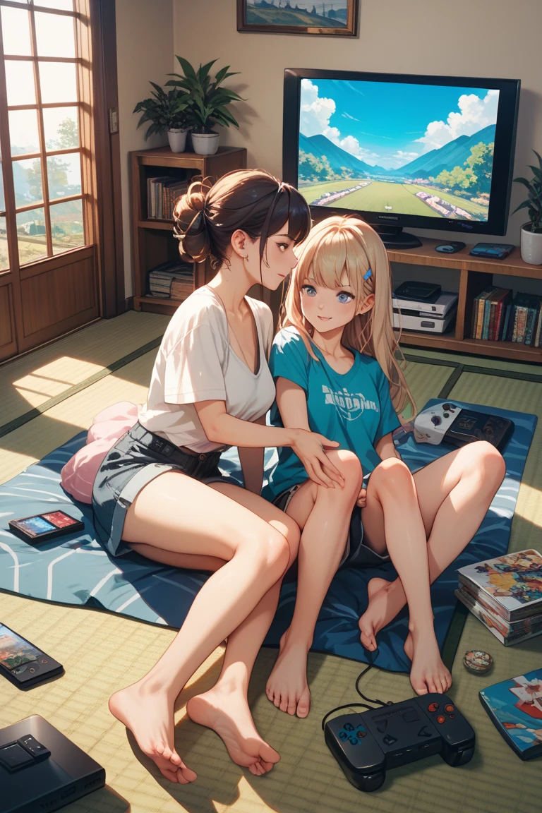 The girl (realistic face, angry expression) is sitting in the room (there is a TV, bed, chair) and there is a girl friend (real face, happy expression) they are both sitting next to each other.