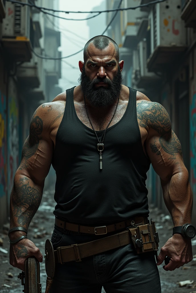 Create a half-bald, bearded, and buff mission boss
