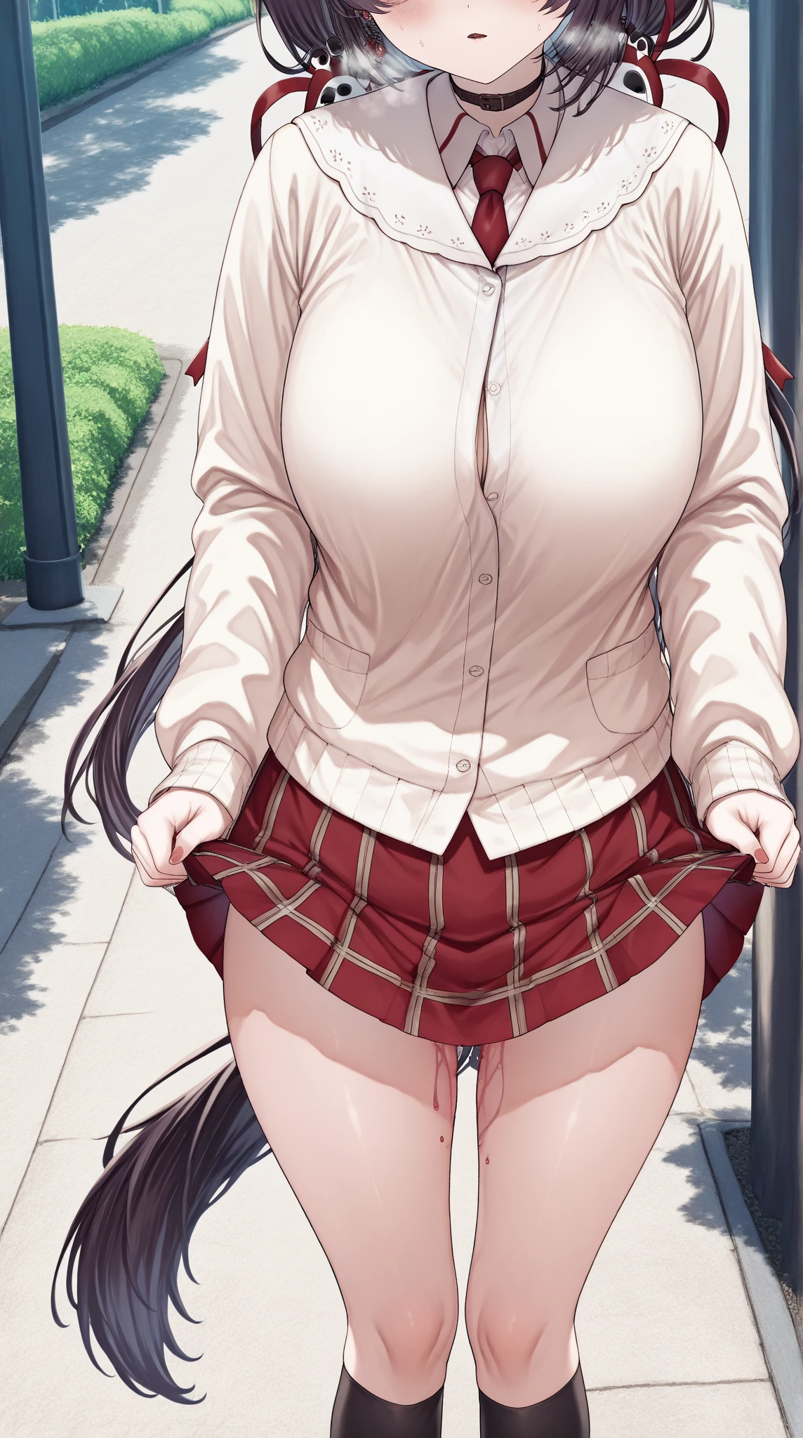 NSFW, sitting on a long bench:1.3, Perfectly spread legs on the bench:1.4, Perfect M-legs, ((Use both hands to spread your pussy completely:1.5)), Leg spread, (Pussy juice:1.1), Looking so lovingly, (blush:1.1), Lost in Thought, Public indecency in the park, Cherry tree, 完璧なFront view, View from the front,{Highest quality}, {so beautiful}, {Super detailed}, {Best illustrations}, masterpiece,(masterpiece:1.2, Highest quality), (Realistic, photoRealistic:1.4), Beautiful illustrations, (Natural Side Lighting, Cinema Lighting), Looking at the audience, Upper Body, (Front view), One woman, 20-year-old, Mature Woman, Perfect Face, Beautiful symmetrical face, (((Skirt flip:1.5))),,(Plucking the hem of the skirt:1.5,), Shiny skin, Long eyelashes, (Large Breasts), (Wide Hips),Beautiful Hair, Slender figure, Beautiful Face, Beautiful and clear eyes, Beautiful body, Beautiful breasts, Beautiful thighs, Beautiful feet, Beautiful fingers,(Beautiful views),(Cute Smile:1.2, Excellent),Knee socks,Layered skirt,(Hide the truth with your belt:1.5),(Sexy Bondage Cosplay:1.5),Drooling from between the legs:1.5