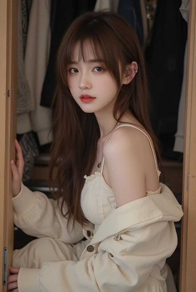 Best quality, masterpiece, ultra high res, (photorealistic:1.4), raw photo,  (Authentic skin texture:1.3), (film grain:1.3),  panorama, character portrait,  very wide shot, narrow waist, cowboy shot, (in the dark, deep shadow, low key, cold light,) night, close-up,  streaming tears, 
indoor, dust, Tyndall effect, sad, disappointed, gloom (expression),  sitting,  (against wall), crying, frown, (head bowed), nervous, tearing up, ,
1girl, beautiful detailed eyes and face, white jabot, off shoulder, brown eyes,