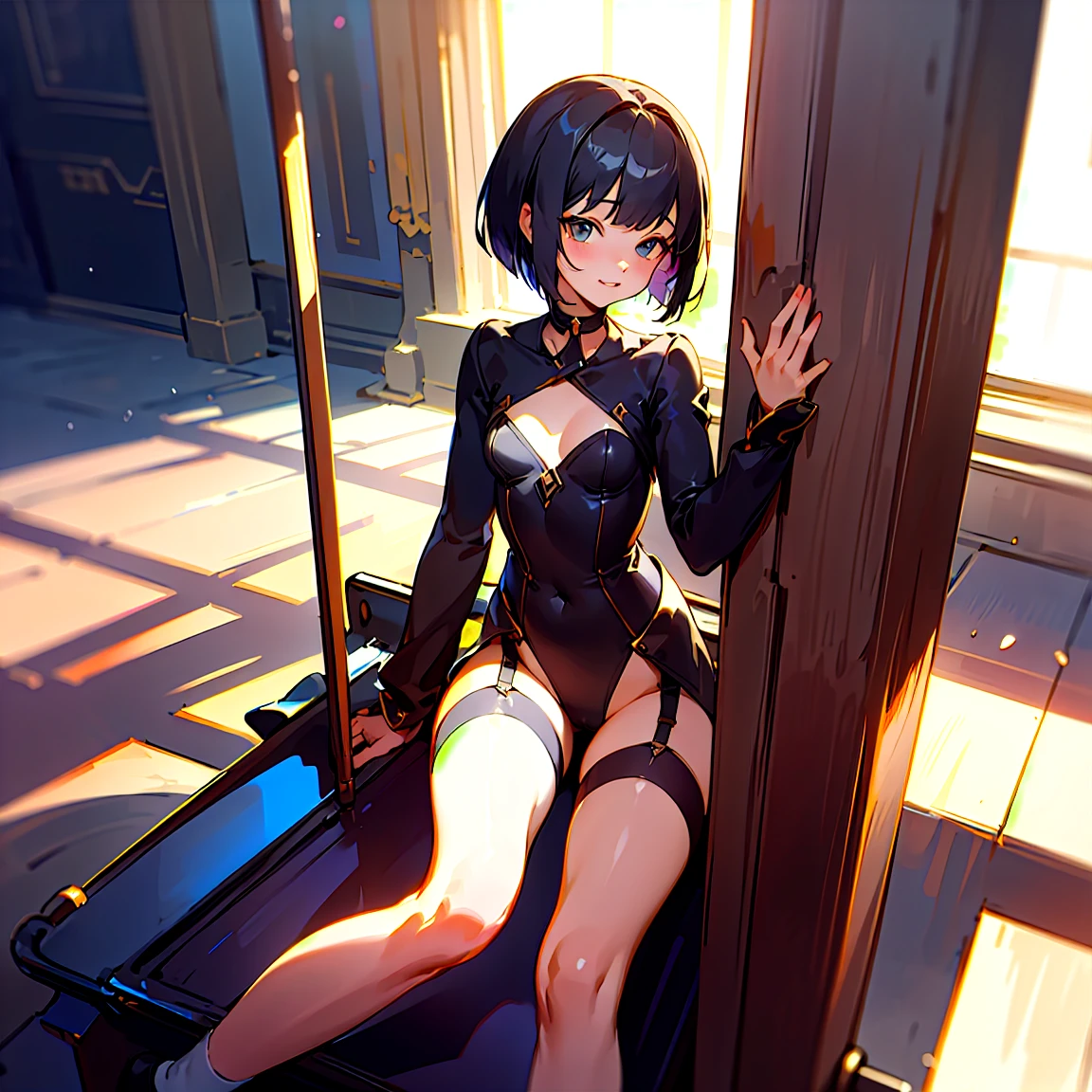 tmasterpiece, hiquality, detailing, A girl, black short hair, Cyan eyes, blushful, Evil gaze, armpits, spreading legs, collar, toilet cabin door,