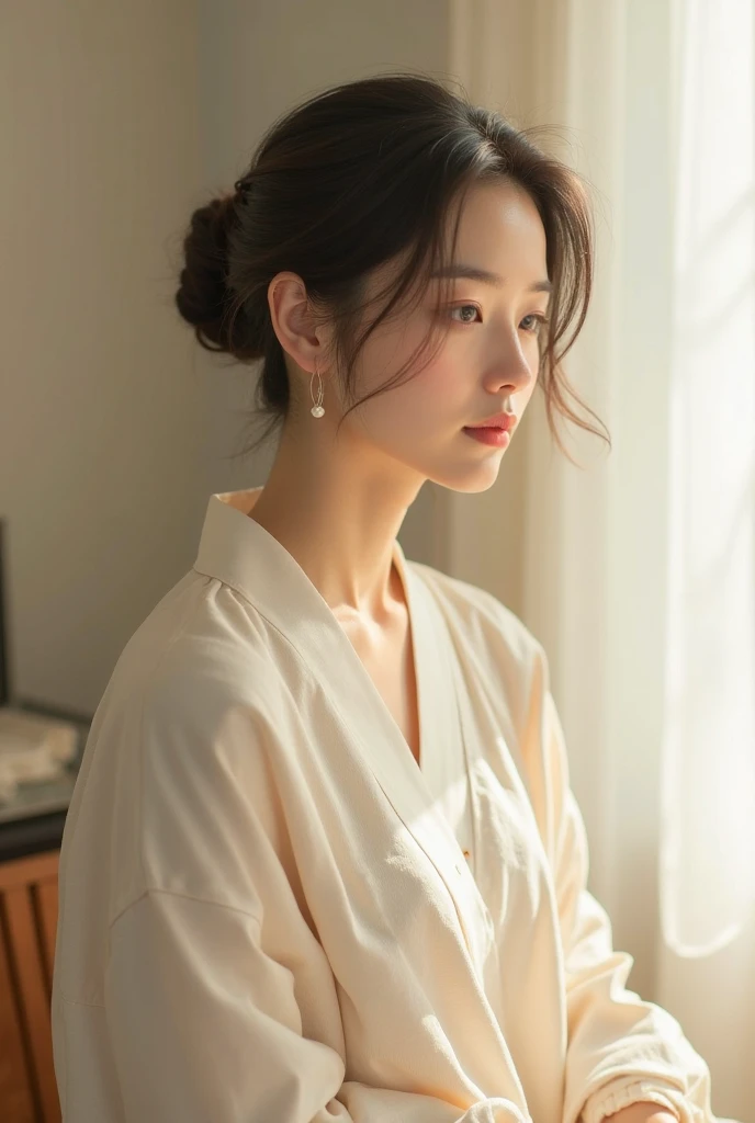 An elegantly dressed Japanese woman in natural light、A close-up of her chest and calm expression.、It shows her inner peace and outer charm.。