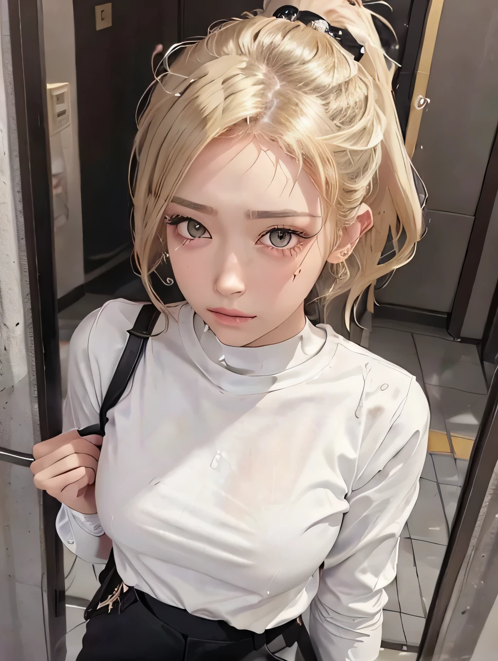 {{masterpiece:1.2}}, {{1woman}}, ((pov)), ((portrait)), ((looking up)), ((looking at viewer)), ((standing)), ((Entrance to the condominium)), 21 years old, ((gal)), ((blonde hair, short hair)), ((ponytail_weave_hairstyle)), ((white long sleeve t-shirt, black pants)), ((sad expression)), ((crying)), ((ear piercing)), ((In the heat)), Japanese