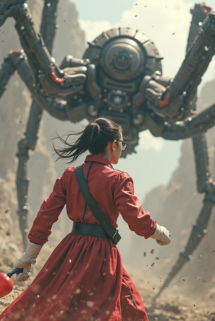 An intense scene where a woman wearing a hijab and flowing red dress defeats a cockroach monster in futuristic armor. The woman held a broom in one hand, preparing to attack, while her other hand clamped down on the cockroach monster in a white and black advanced armor suit with shining light. The backdrop is a chaotic battlefield with flying debris and dust, creating a dramatic and action-packed atmosphere."