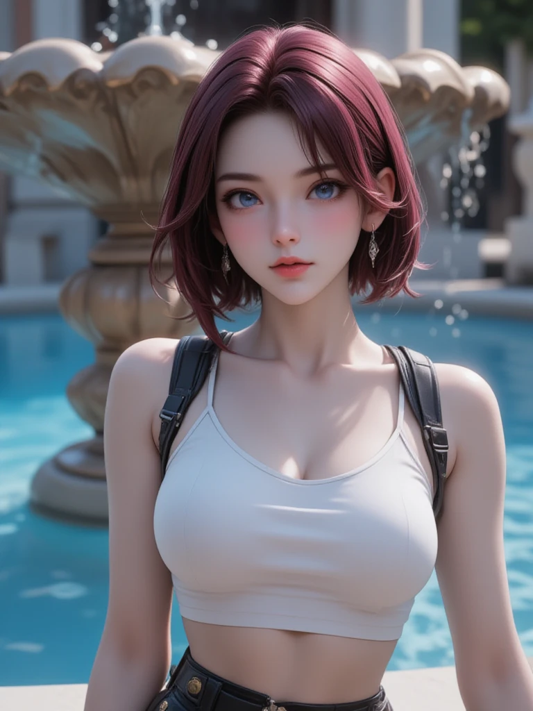 (masterpiece:1), (best quality:1), detailed, (solo), 1girl, Red Hair, perfect bright eyes, well-defined pupils, prominent limbal ring, high-contrast eyes, <lora:n15g_aio_hairstyles-1.0:0.8> double bun,  <lora:Crop-tops-fc-v3:1> crop top, high-waisted denim shorts, emphasizing the waist, scrunchie, layered beaded necklace, <lora:LOD:1> LODBG, fantasy,  ((deep depth of field)), (floating particles:1.3), arch, bridge, ruins, (overgrowth), centered, floating structure,[glowing:0.4], supernatural:0.5,(photo-realistic), gritty, (atmospheric), blessing, (cinematic:1.4), path, stone, (floating island:1.3), (((fantastic composition))), (crystal:1.2), cnwahmilk style,  <lora:CNwahMilk:1>