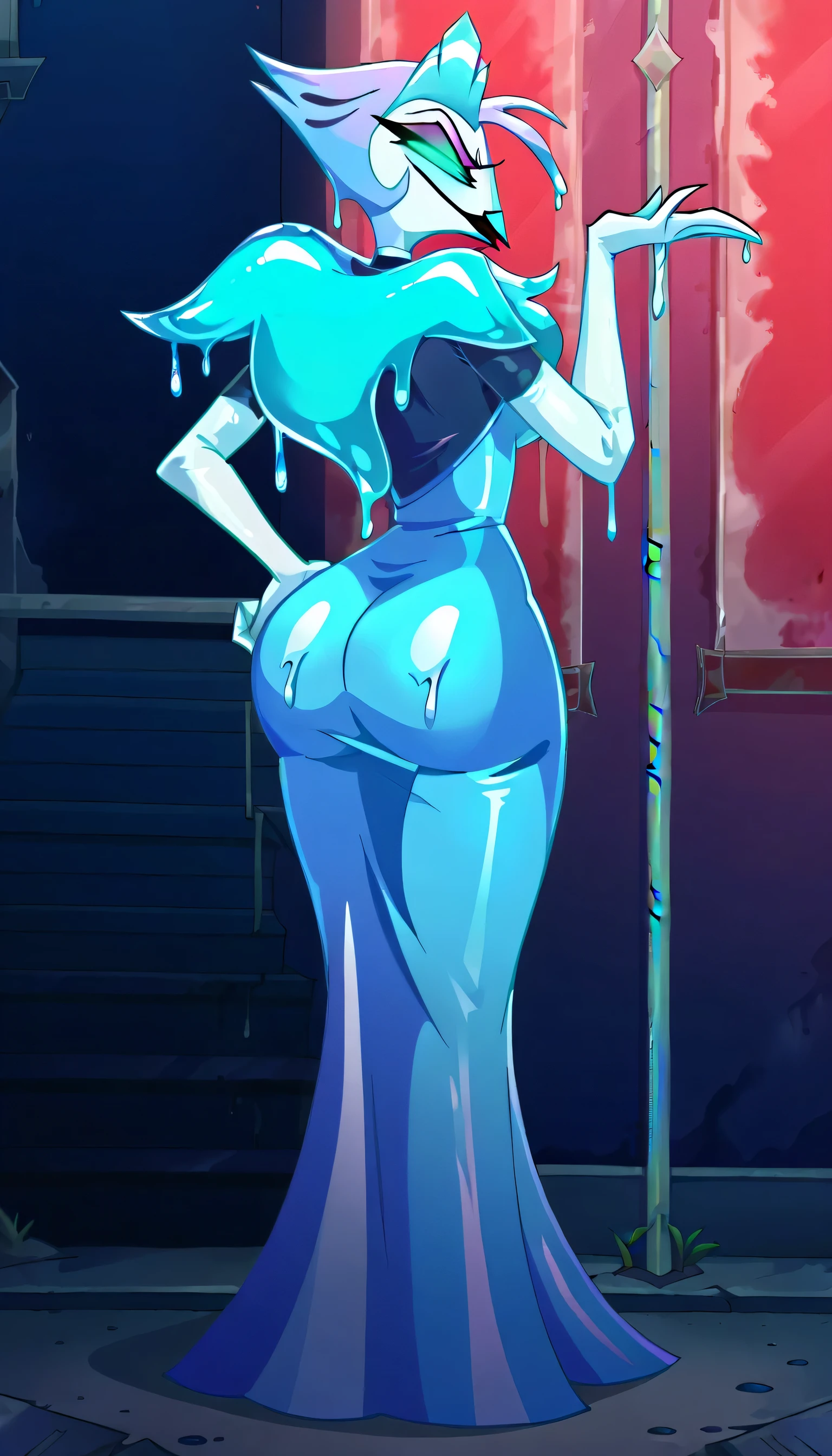 Tanraak (style), ((masterpiece)), ((8k quality)), (no watermark), stolas, male, detailed storeroom, showing butt, sleek, shiny blue slime suit, goo, gooey, long tail feathers, butt, back facing, ass, avian tail, hAnds on hip, seductive pose