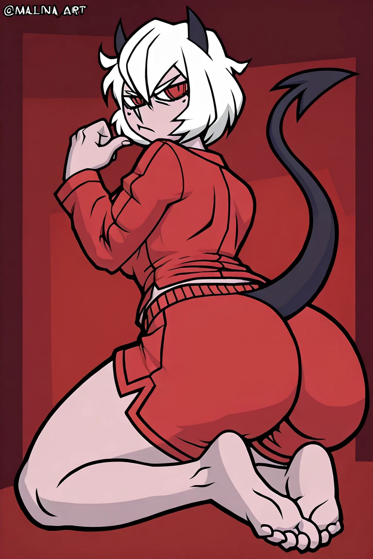 (hard disk, sharp, fractal), 1 woman,cel shaded animation, super shiny skin, monkey ears, monkey tail, bob cut, Japan, Japanese style costume,wide hips,(huge ass:1.1), red face,