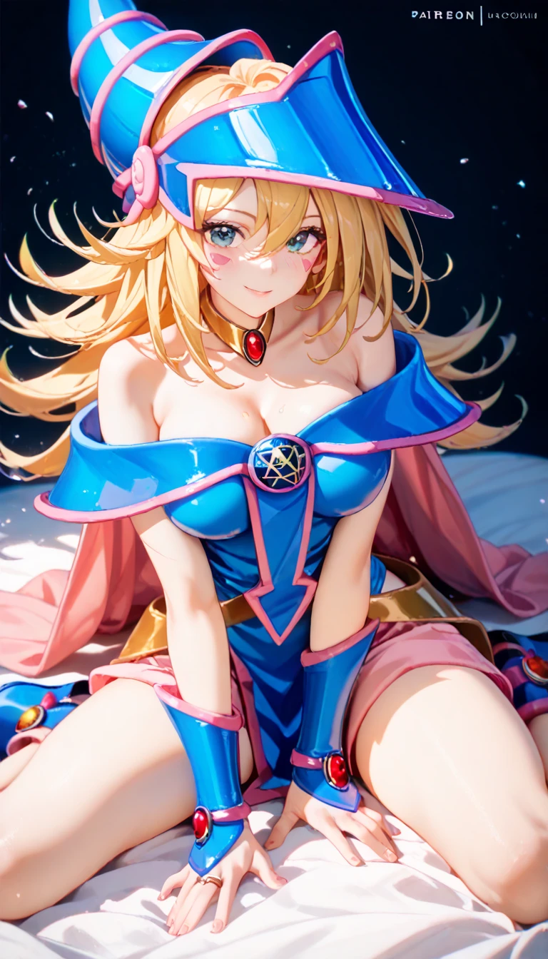 Highest quality, masterpiece, 4K, Highly detailed face, Highly detailed skin, Highly detailed wallpaper, Japanese anime, Second Dimension, Small face, Big Breasts, Normal body, Accurate body, Fine skin, Very beautiful cleavage, NSFW, whole body, One girl, Embarrassed face, On the bed, Blonde, Yu-Gi-Oh, Black Magician Girl, Sweaty, Cosplay, , mini skirt, Gestures to seduce a man, Spread your legs in an M shape