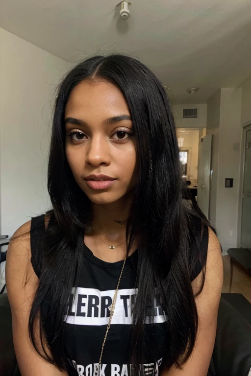 Photobooth photo of lightskinned woman with long dark hair