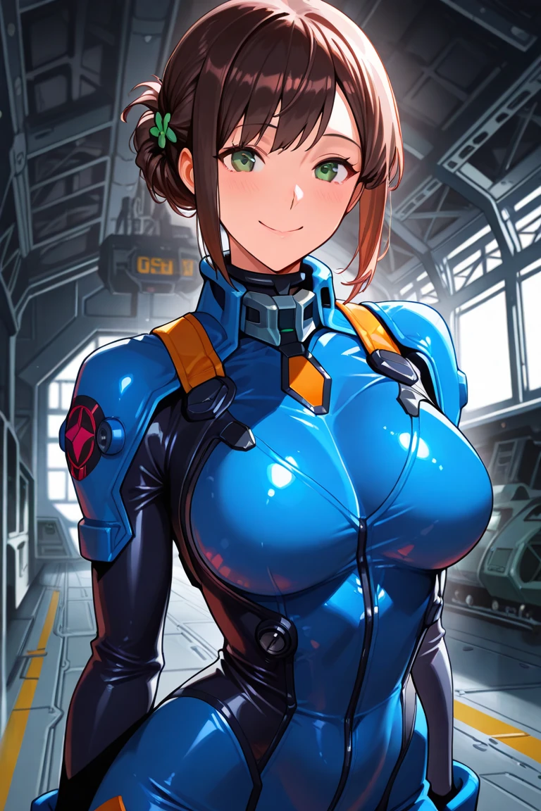Machine, mecha, short hair, blue hair, shy smile, big breasts, cleavage, sexy,