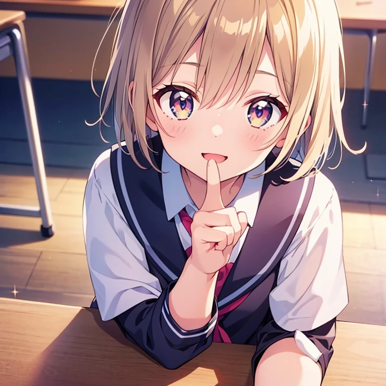 masterpiece, absurdres, best quality, ultra detailed, high Resolution, detailed illustration, bright colour, (extremely beautiful detailed face and eyes, Delicate beautiful face, 1 girl, cute face:1.3), (magenta eyes:1.1), sparkling eyes, big eyes, medium breasts, (perky breasts:1.1), (pointy breasts:1.1), medium hips, glamorous body, white skin, BREAK, long bob cut, (blonde hair:0.8), messy hair, detailed hair, shiny hair, BREAK (Sailor suit, no brassiere:1.3), perfect lighting, (embarrassed:1.3), (???????, vulgarity:1.5), (trembling:0.8), classroom, paizuri,