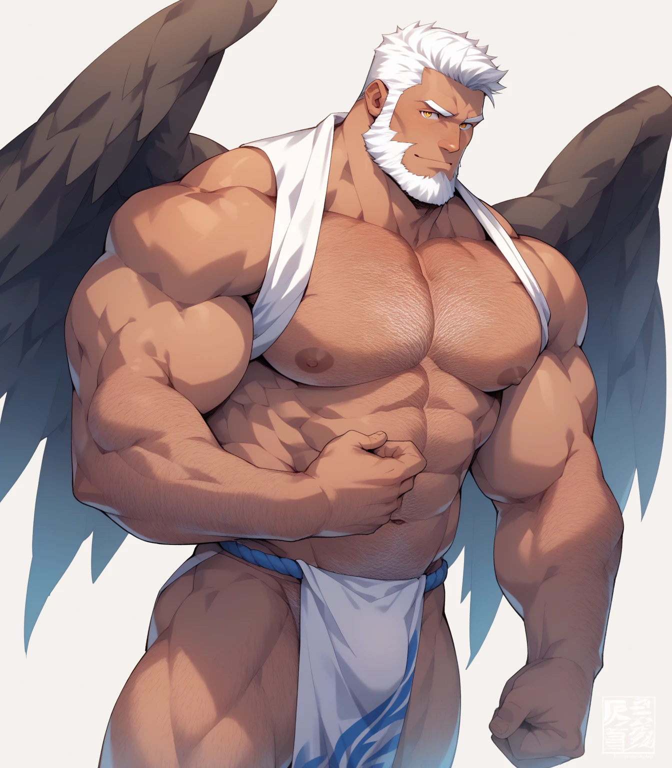 Femboy, long white hair, halo, big angel wings, gigantic muscle, erect snake penis, 4 arms, full body.