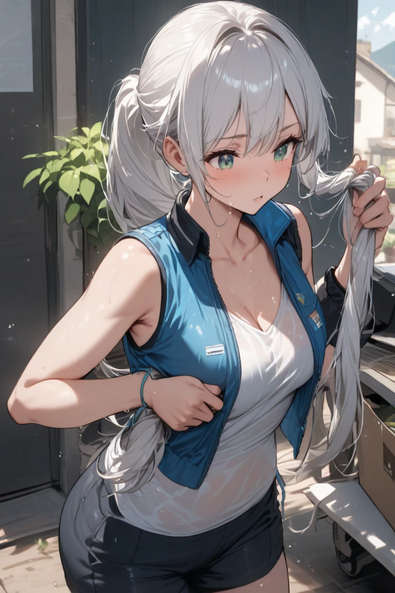 Pretty asian woman, bright silver hair, long hair, green eyes, busty, sweat pants and a white t shirt, cute, anime style, crawling away from the camera, facing away, happy and excited