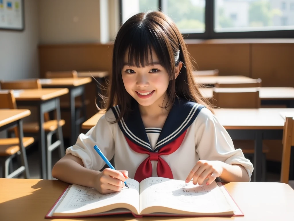 (Best-quality, Masterpiece, Ultra-High-Resolution, (Photorealistic:1.4), Raw Photo, depth of field, professional lighting, perfect anatomy, extremely details, perfect face, perfect hands, perfect fingers, perfect body), 1girl, 12-years-old, the most famous Japanese idol, (wearing school-uniform with cute design, short sleeve shirt), sitting on school-chair in classroom, (extremely cute face like the most popular Japanese idol, (extremely cute and extremely big eyes), extremely cute hair, extremely cute skins), extremely cute long-eyelashes, extremely cute lips, innocent smile, looking at viewer