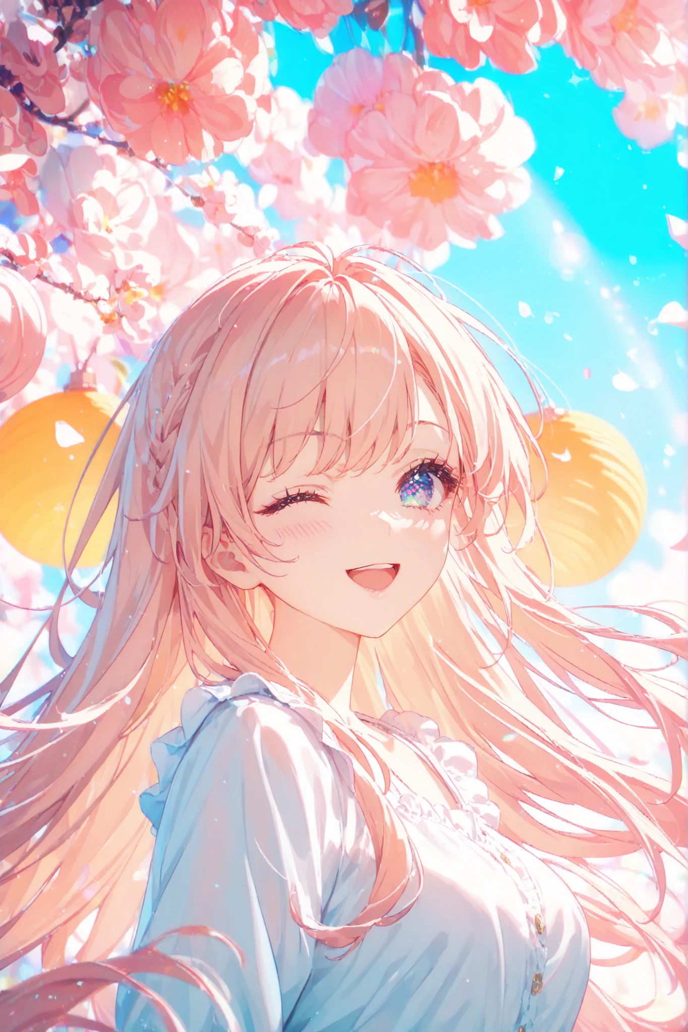 (beautiful girl: 1.3), 1girl, masterpiece, Highest quality, Ultra-high resolution, rich contrast, super high quality, 8k, A cute anime girl with long hair, smiling and winking, big sparkling eyes, colorful background, soft lighting, pastel colors, vibrant and cheerful mood, upper body portrait, anime style, ((winking))
