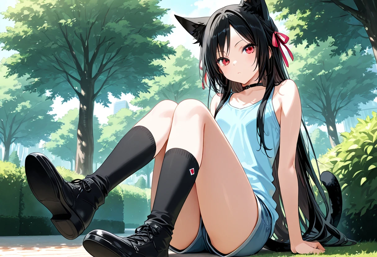A girl with dark blue hair, cat ears and a tail, wearing a tank top and racing pants. Loli body type Spreading legs Twin tails
