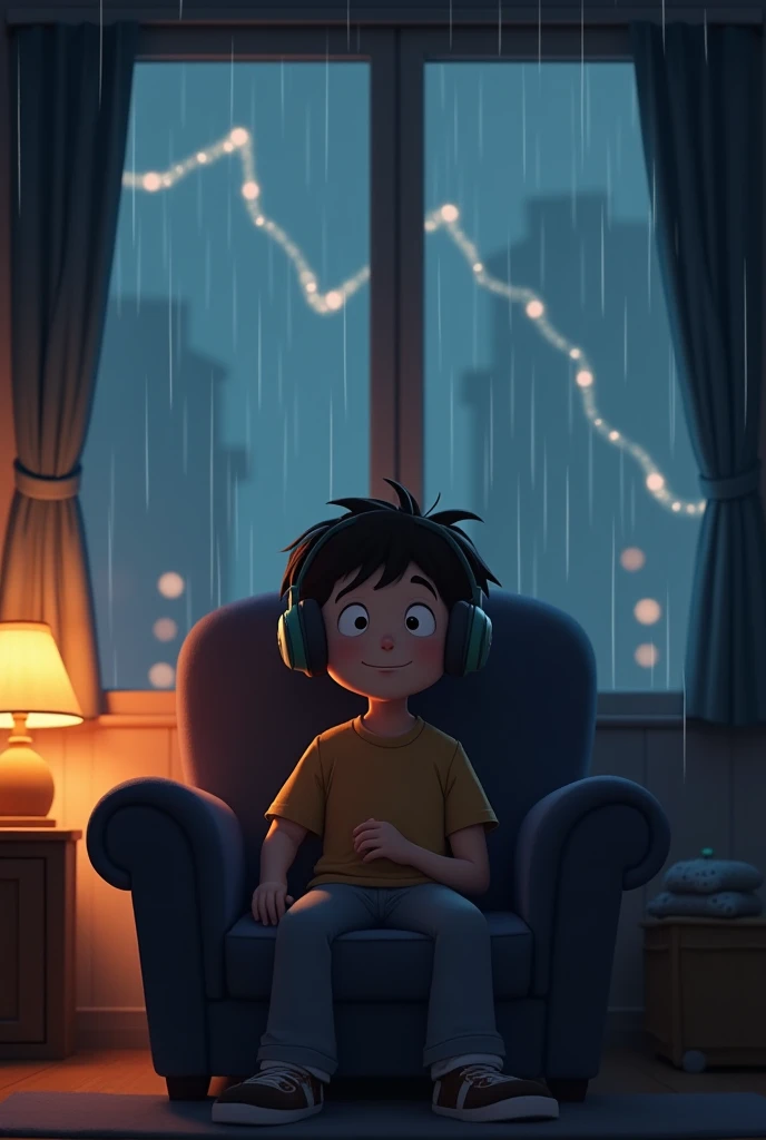 A boy seating on a chair in his room having full of books and sports items listening music in his headphones wearing hoody looking outside in his rooms window watching the rain
