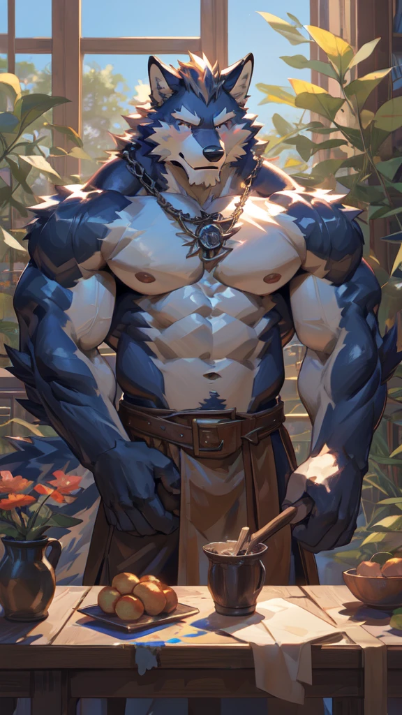(masterpiece),(highres),(intricate details:1.4),extremely detailed,(illustration:1.2),8k,photorealistic,exquisite,(daddy:1.5),aged,elder male wolf,muscular,(guardian:1.7),black fur,manhood,warrior,(black fur:1.3),long hair,long beard,(numerous scars),(bulging crotch:1.8),(homosexual),(a serene face:1.9)(sexy)